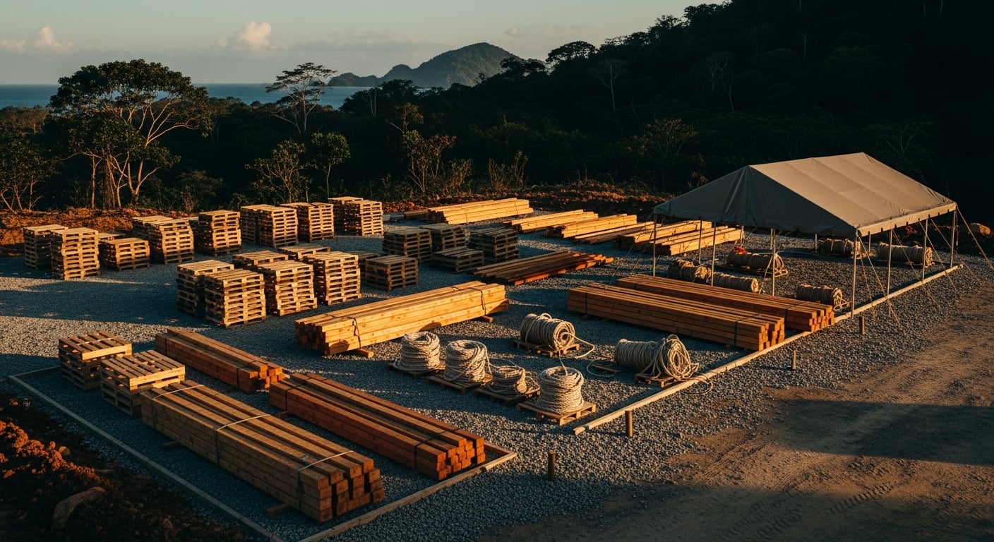 Organized operations staging yard in tropical Panama at end of day.