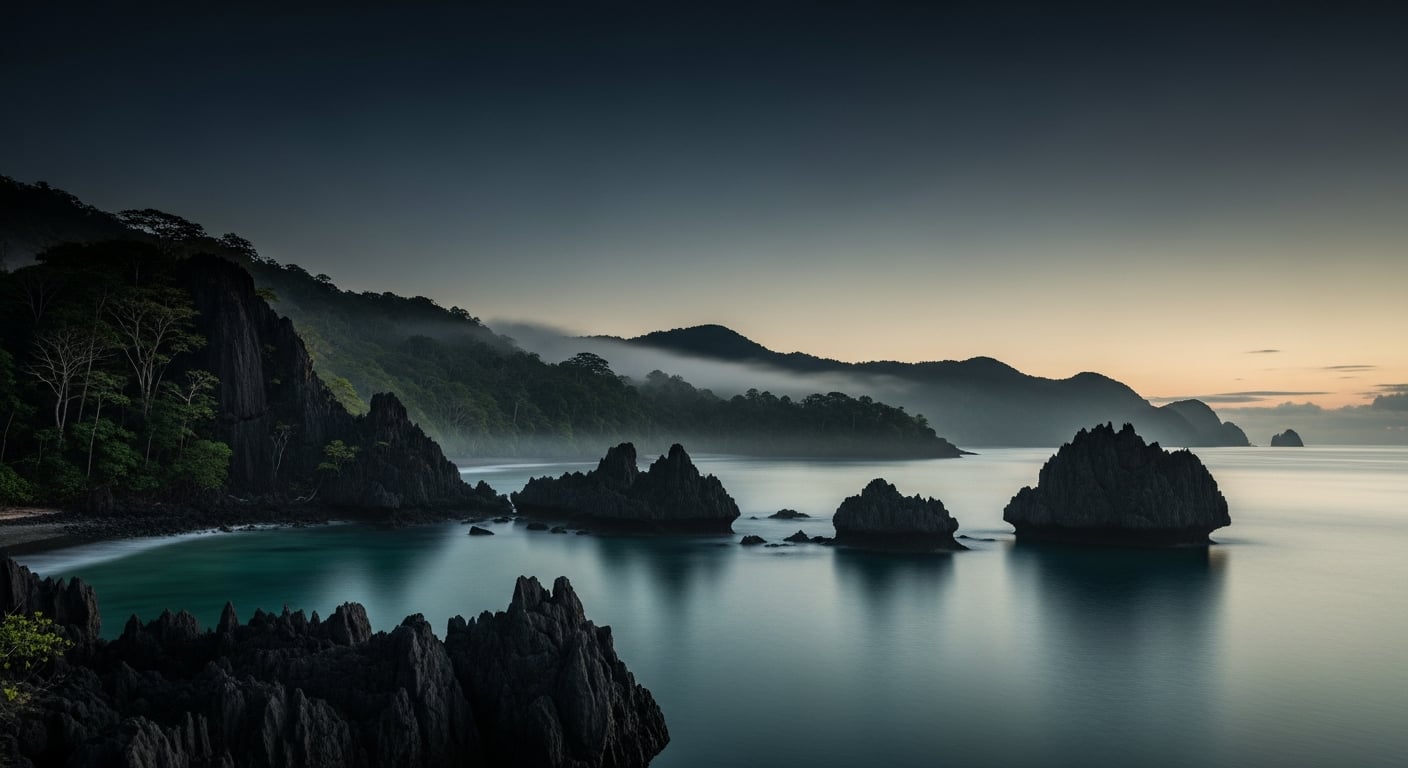 Remote Panamanian Caribbean coast at misty dawn.