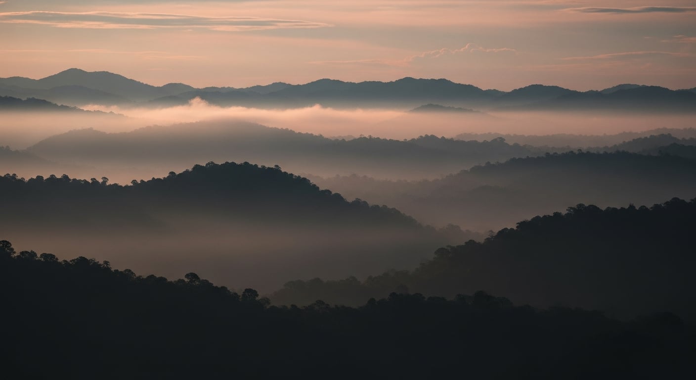 Mist over a remote tropical river valley in Panama at sunrise.