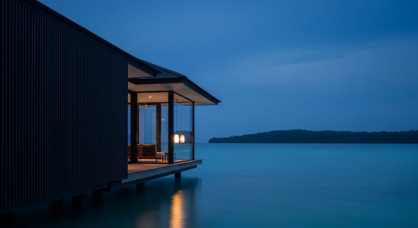 Completed overwater luxury villa at blue hour, dark hardwood cladding, single warm interior lantern.