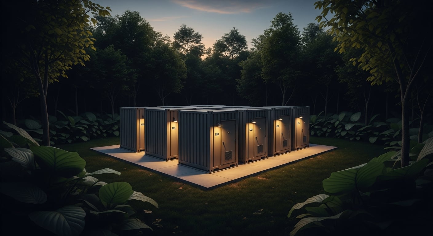 Compact graphite battery enclosures on a concrete pad in a small jungle clearing at dusk.
